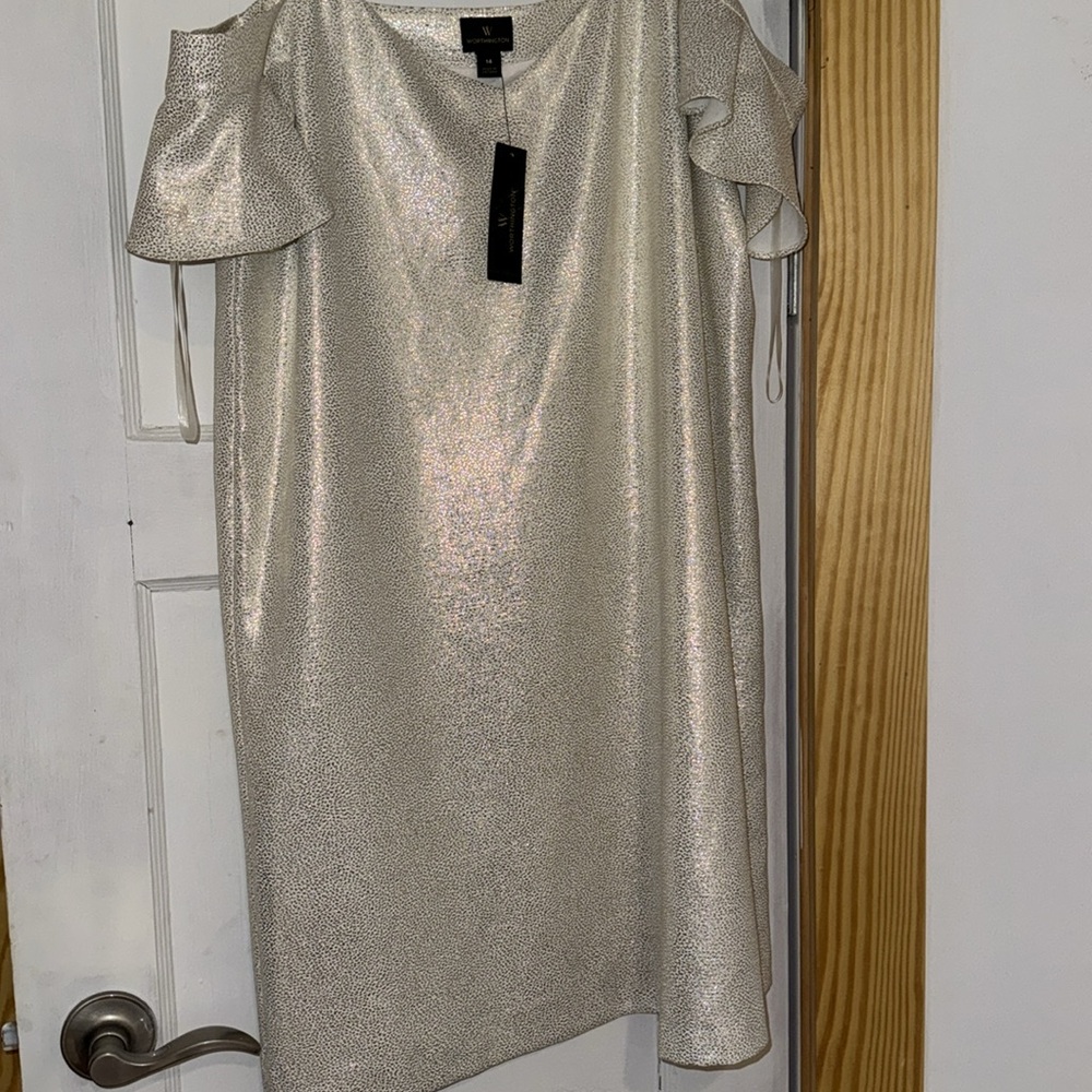 Worthington Off the Shoulder short white and gold bridal dress Size 14 - Picture 2 of 3
